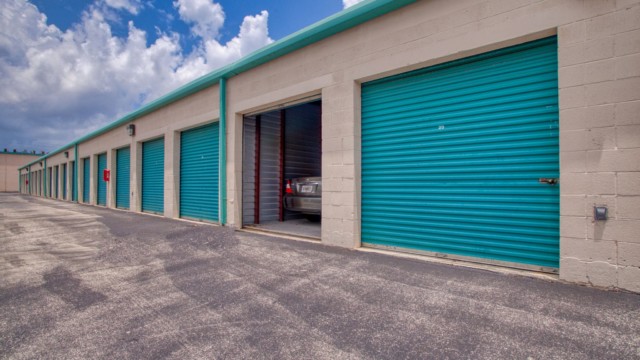 Blue self storage units